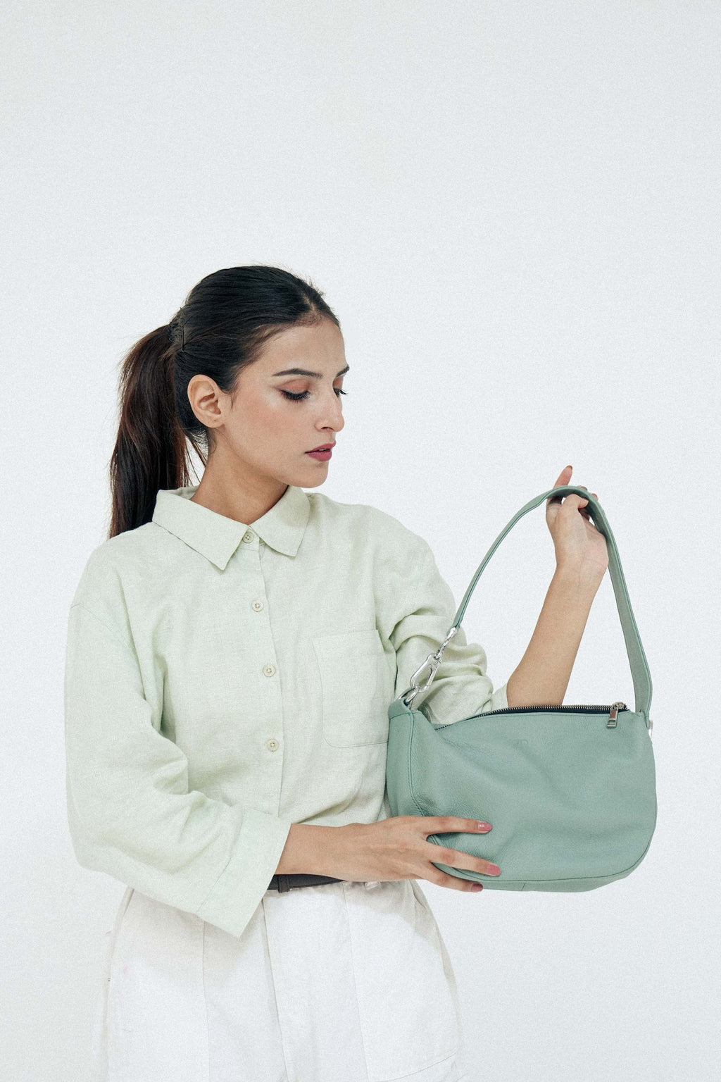 Leather Hobo Shoulder Bag Green