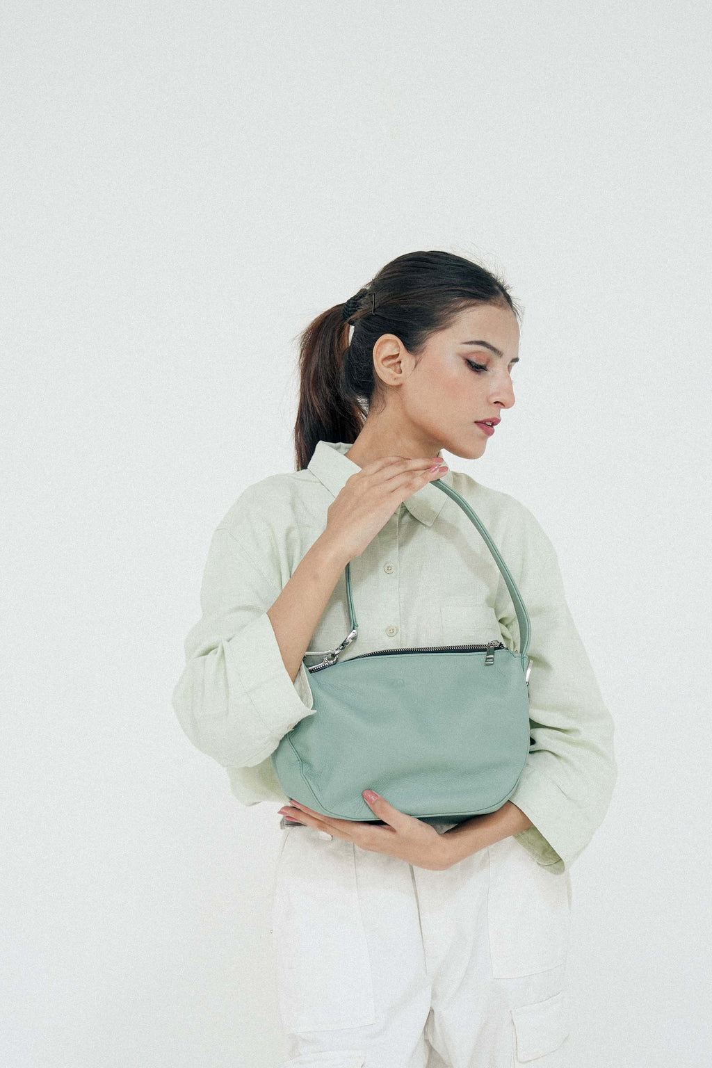 Leather Hobo Shoulder Bag Green