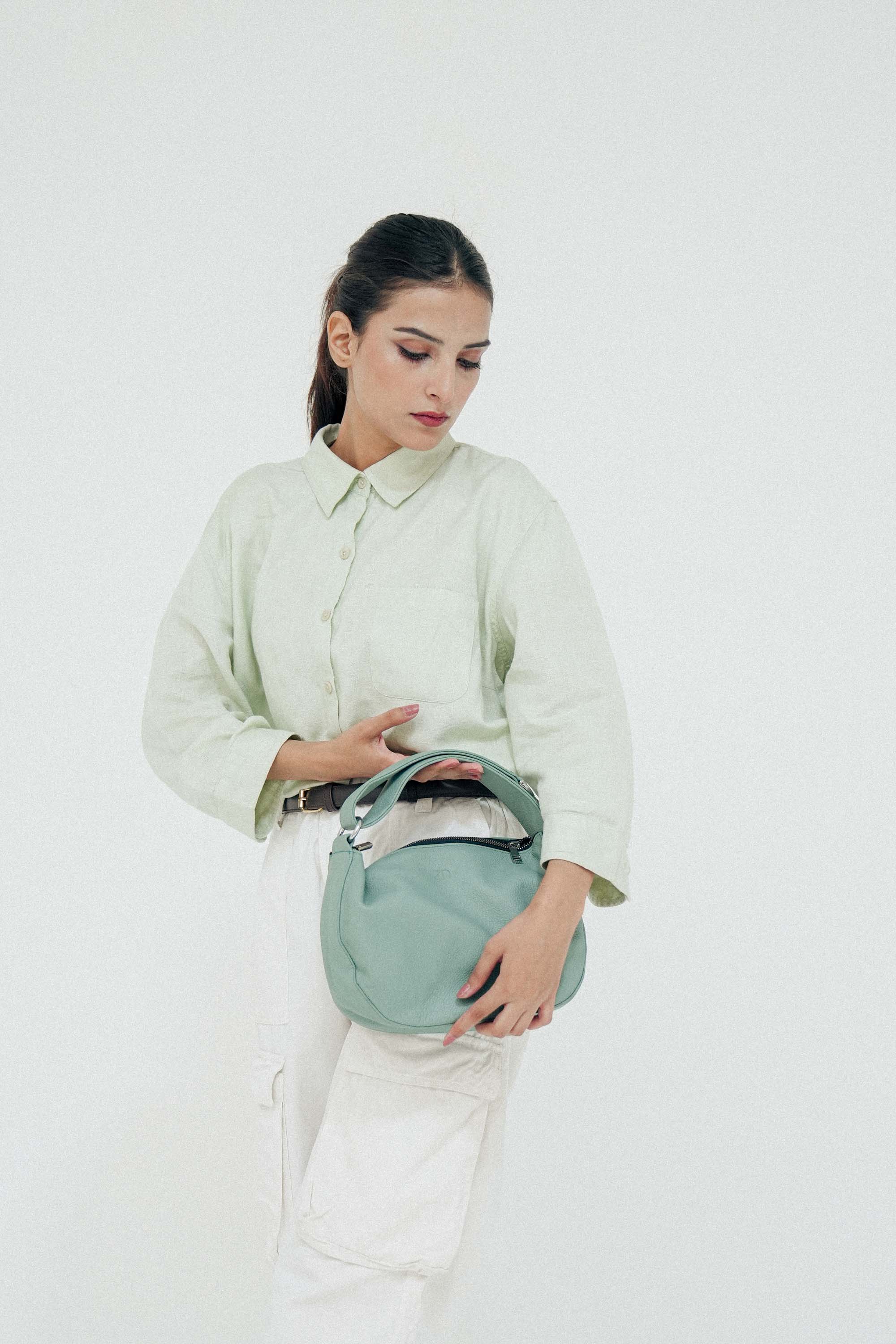 Leather Hobo Shoulder Bag Green