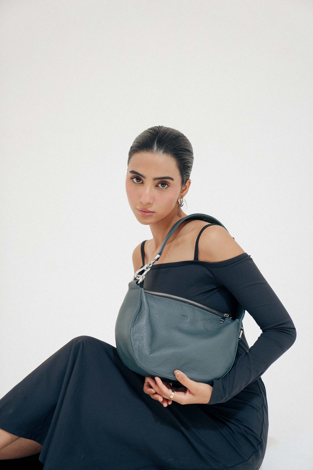 Leather Hobo Shoulder Bag Gray