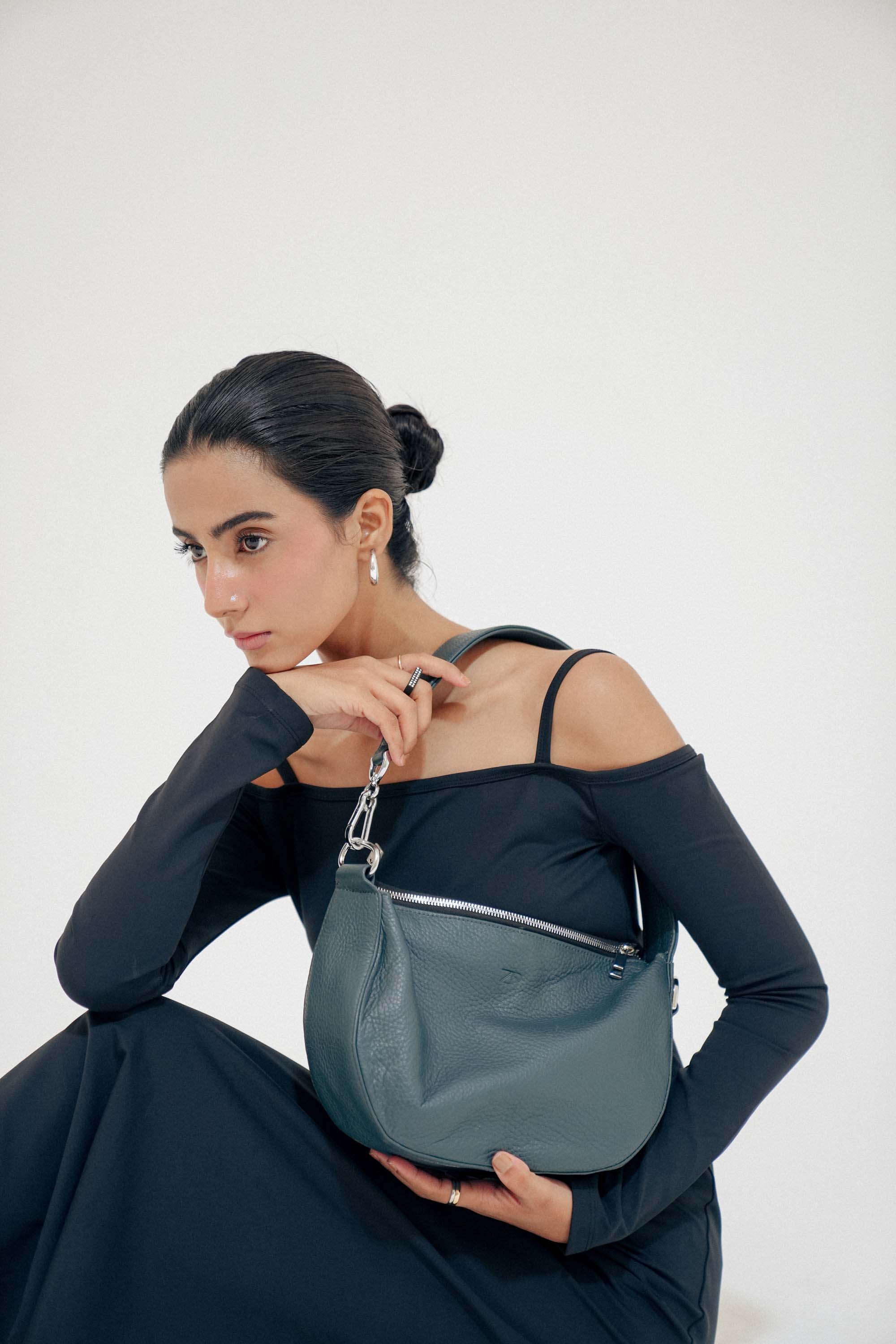 Leather Hobo Shoulder Bag Gray