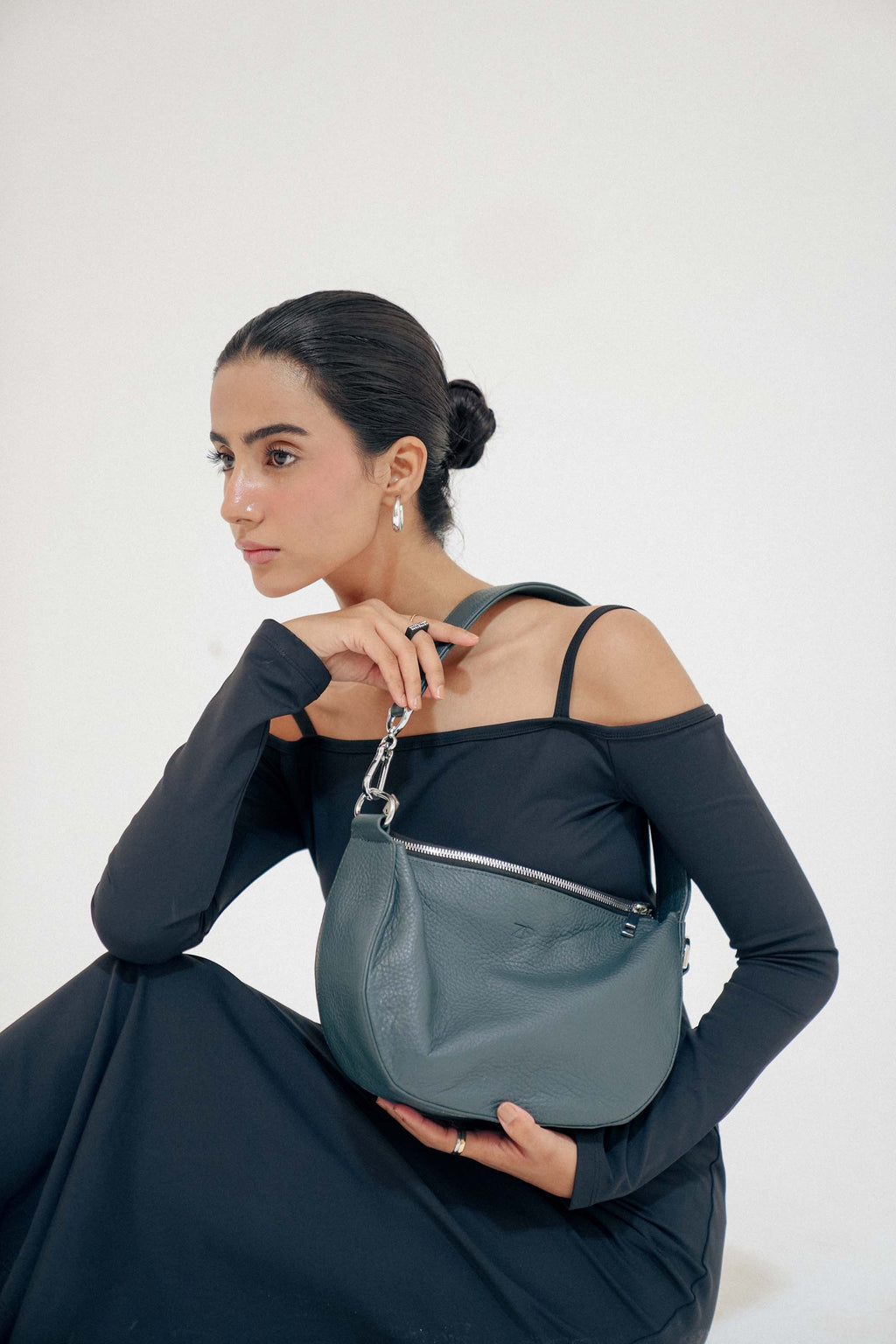 Leather Hobo Shoulder Bag Gray