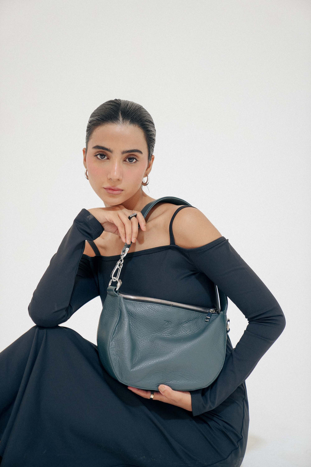 Leather Hobo Shoulder Bag Gray