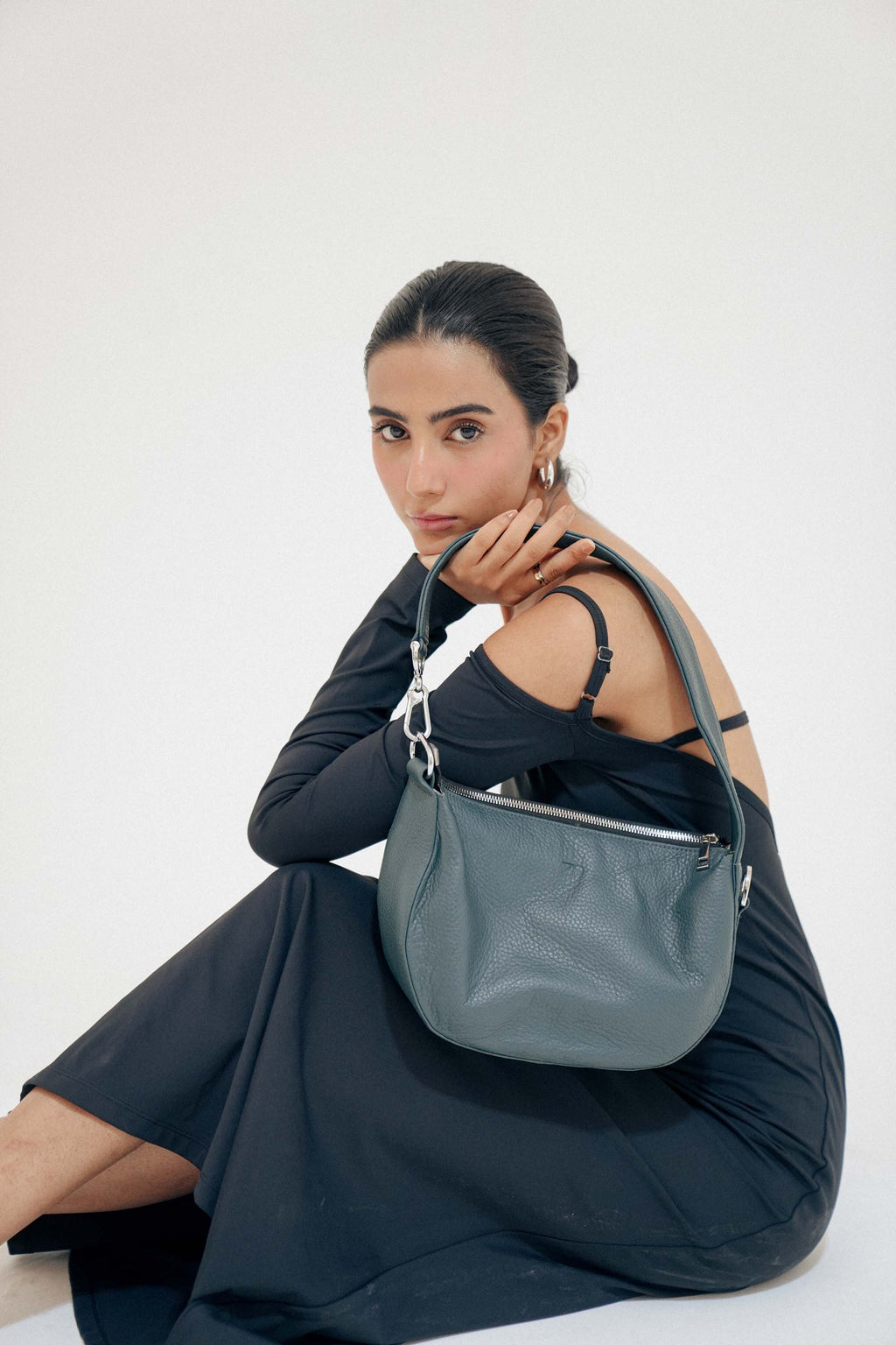 Leather Hobo Shoulder Bag Gray