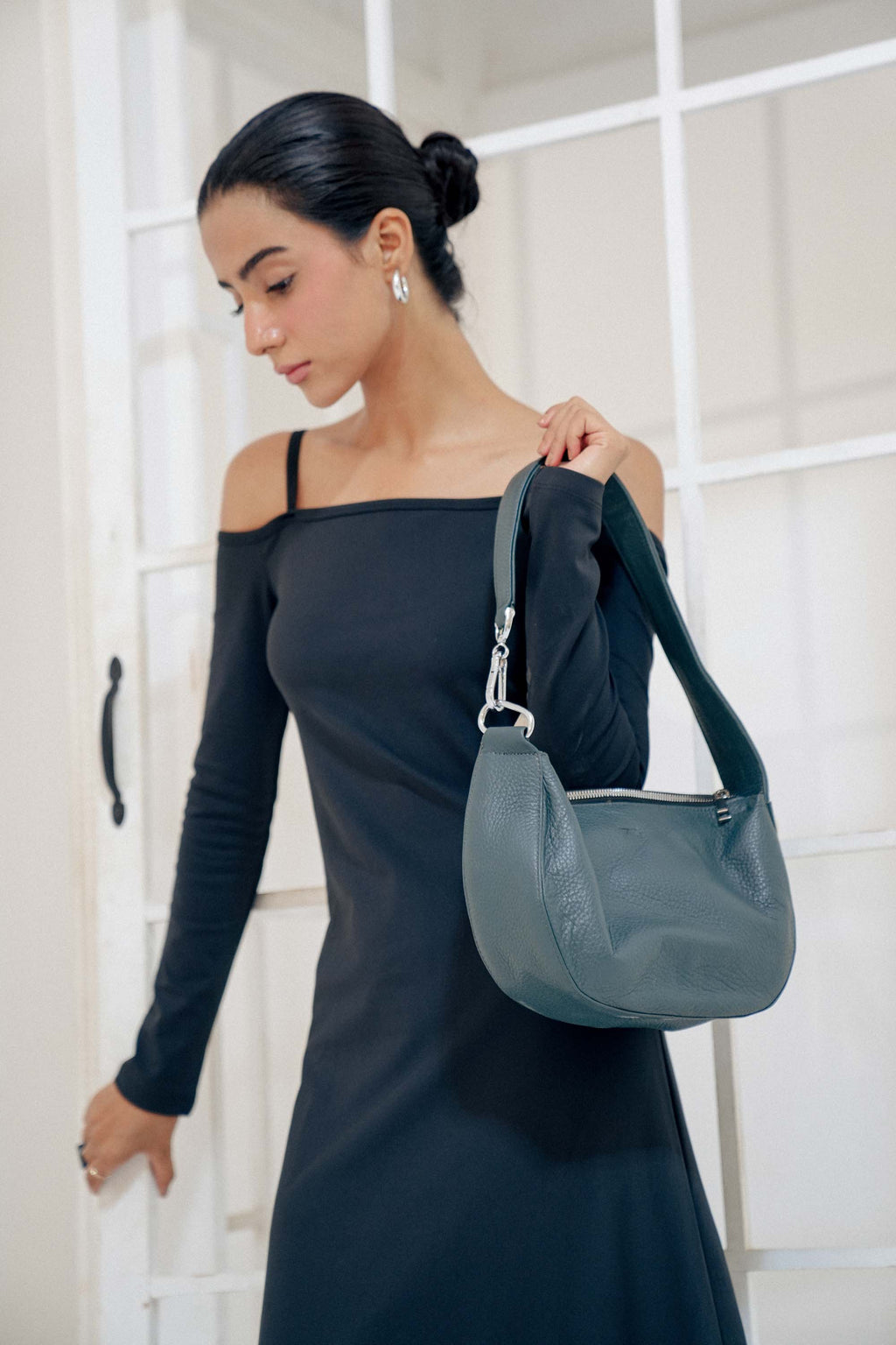 Leather Hobo Shoulder Bag Gray