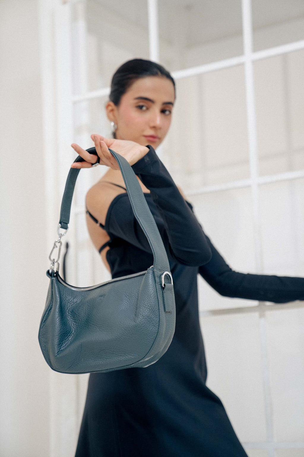 Leather Hobo Shoulder Bag Gray