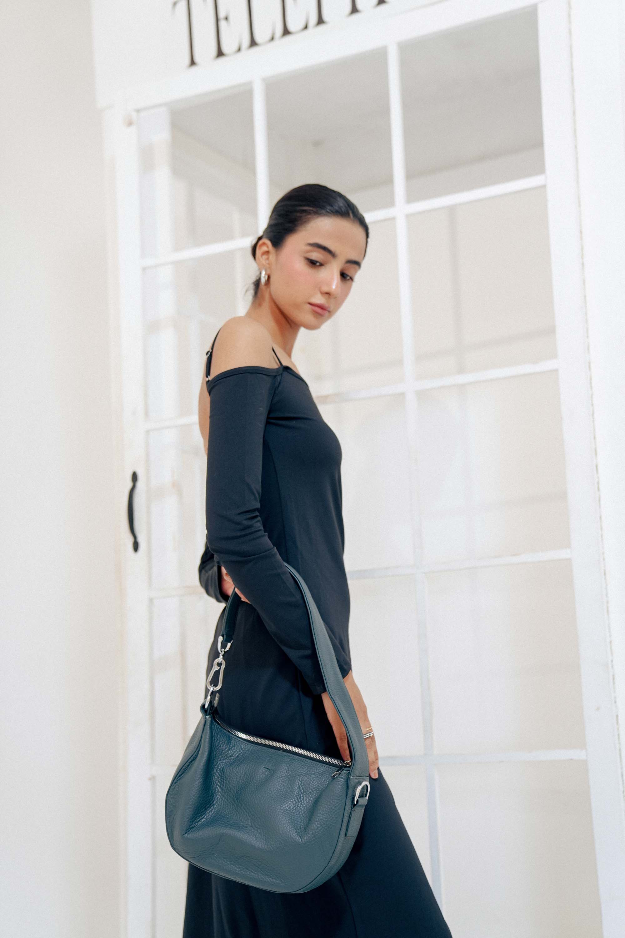 Leather Hobo Shoulder Bag Gray