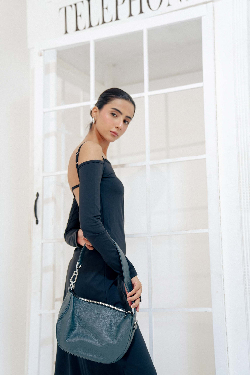 Leather Hobo Shoulder Bag Gray