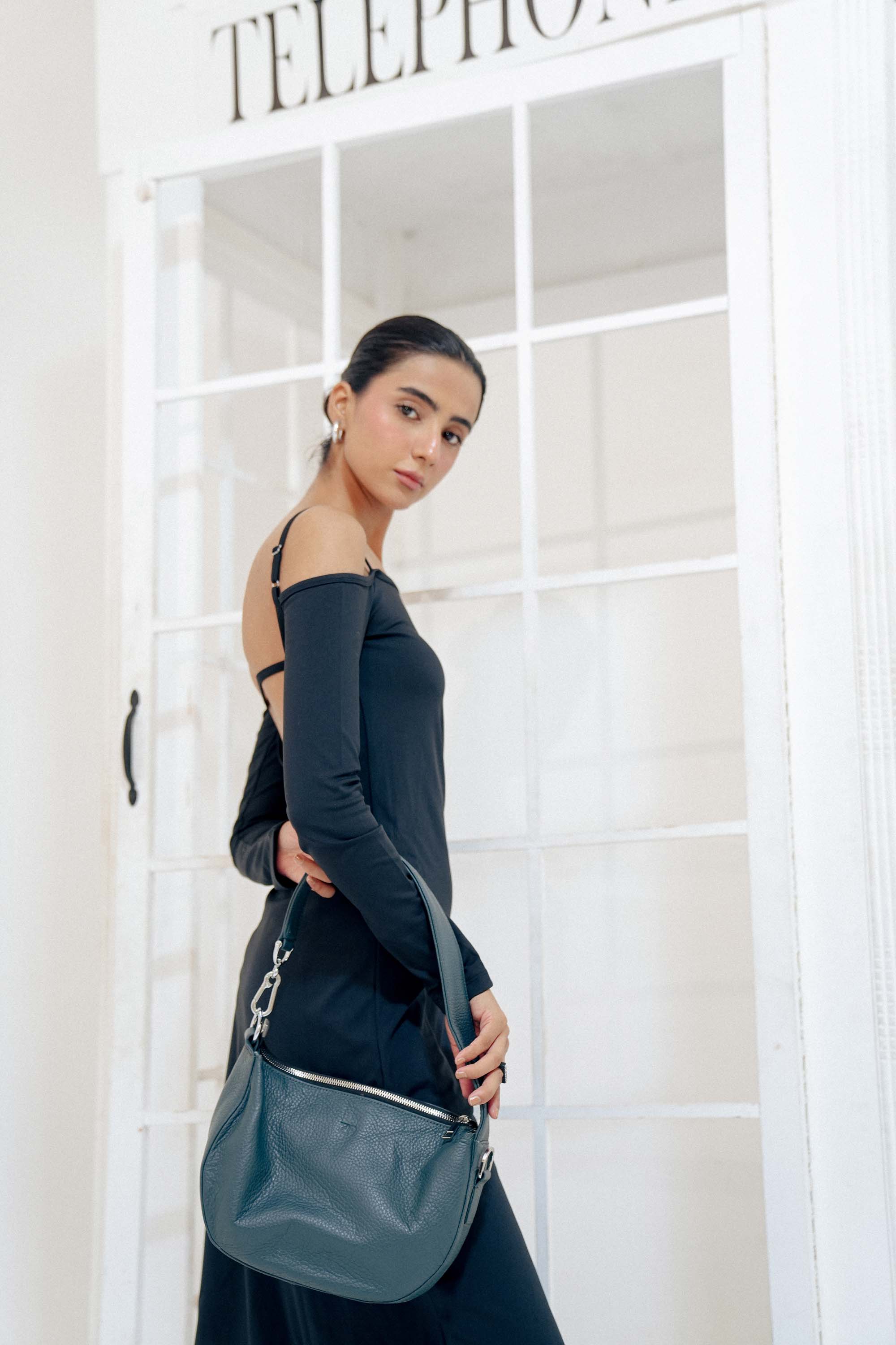 Leather Hobo Shoulder Bag Gray