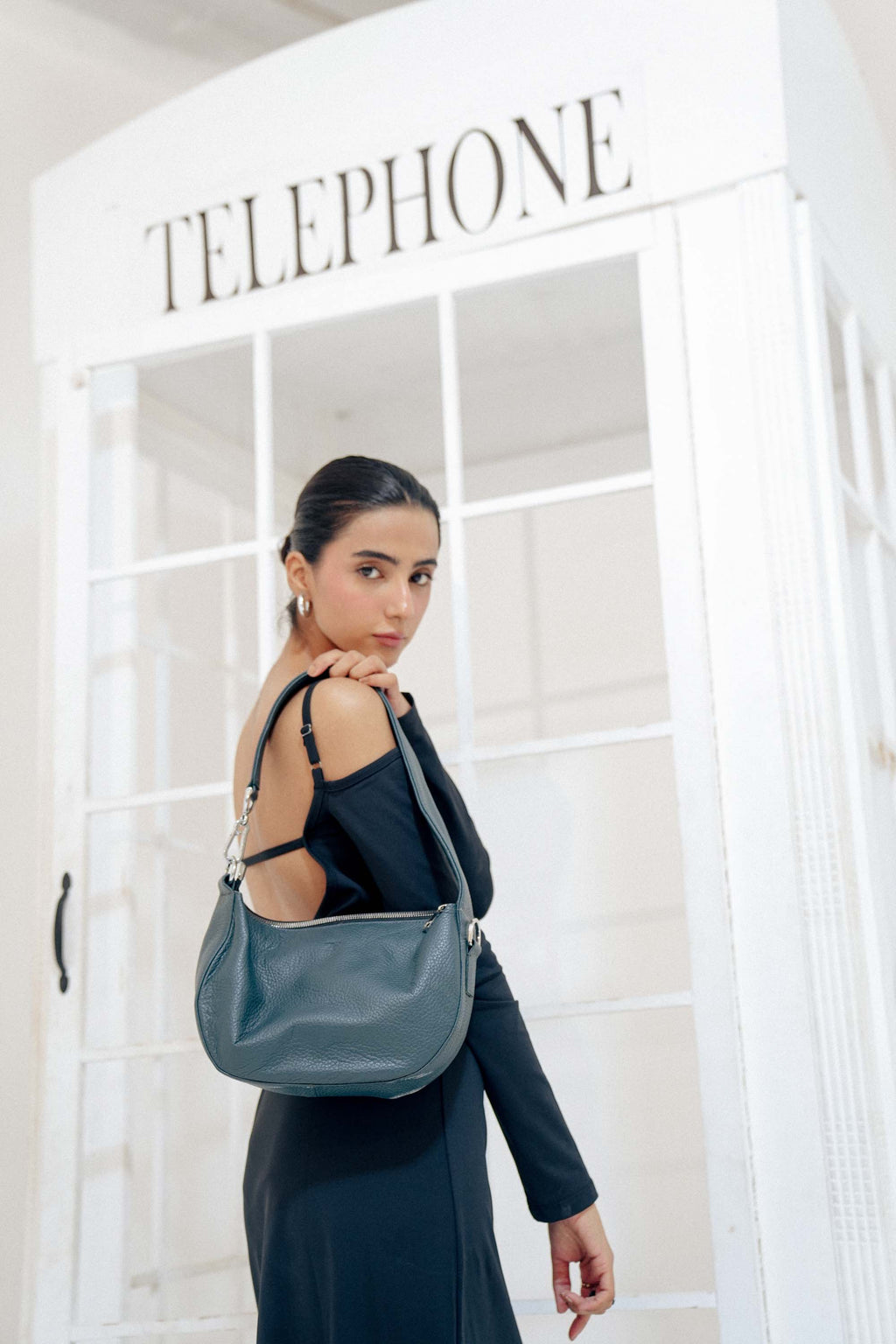 Leather Hobo Shoulder Bag Gray