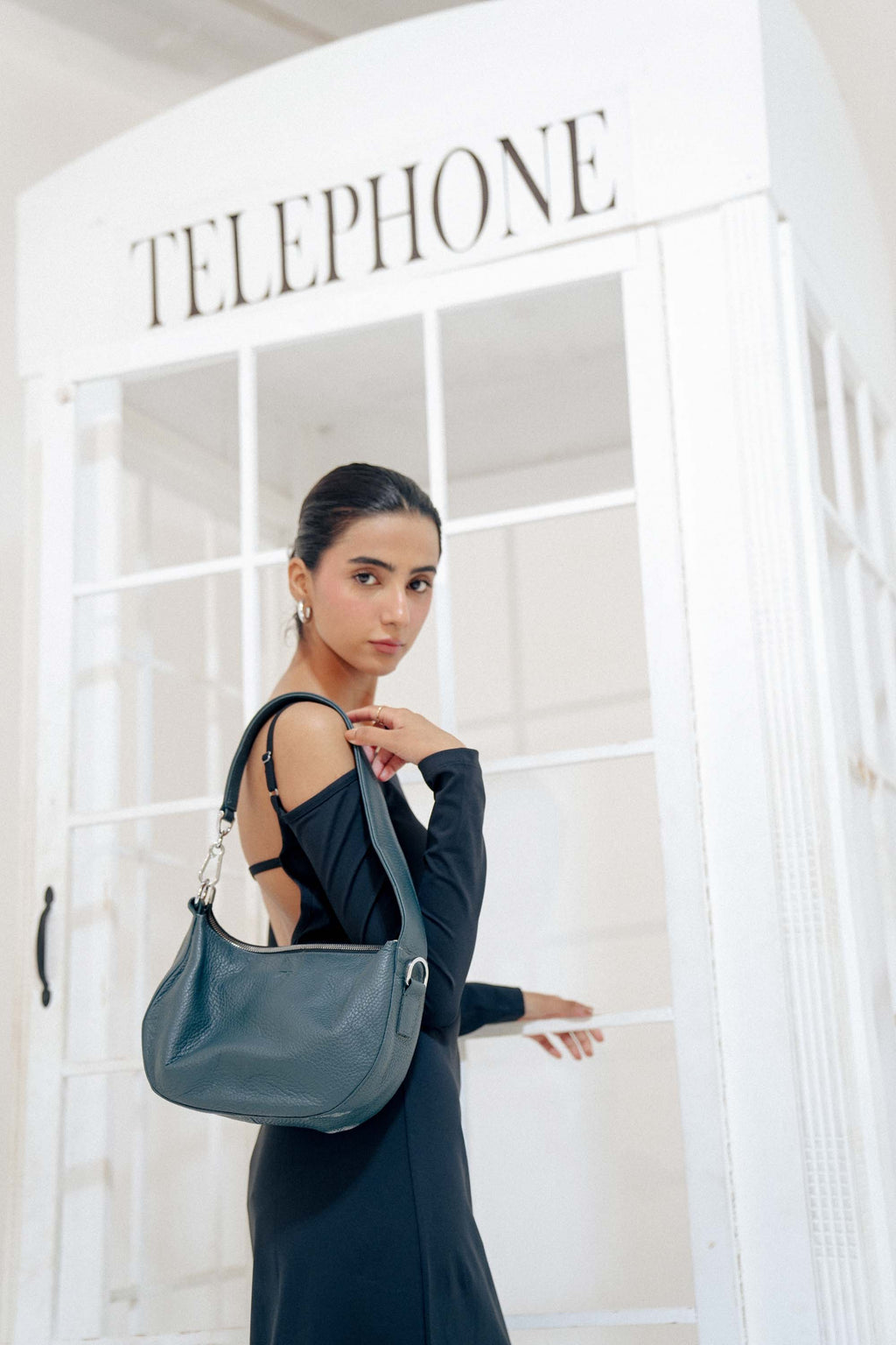 Leather Hobo Shoulder Bag Gray