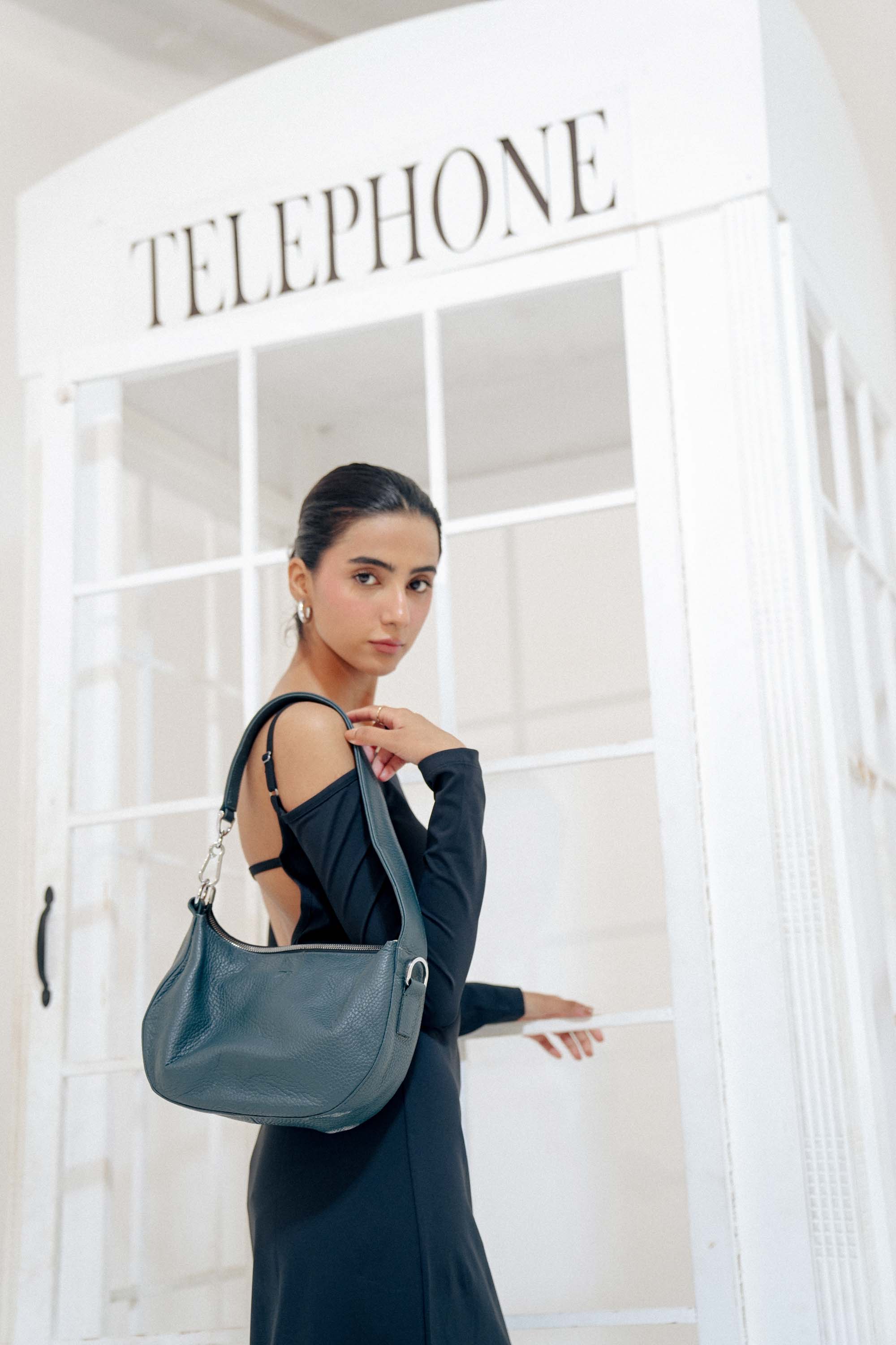 Leather Hobo Shoulder Bag Gray