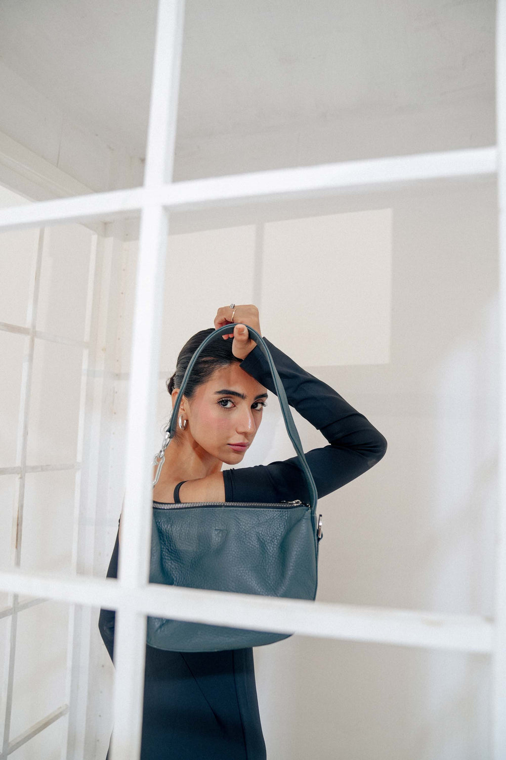 Leather Hobo Shoulder Bag Gray